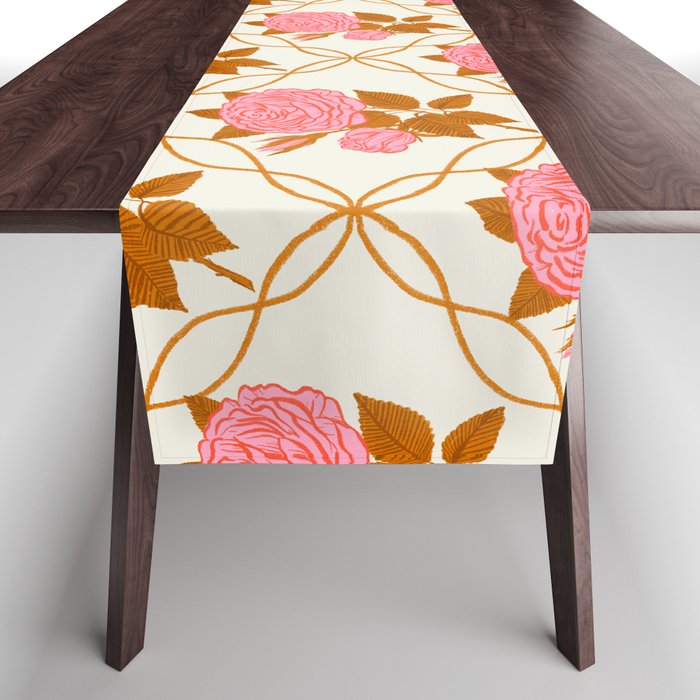 Vintage-Inspired Pink Rose Botanical Art Print Table Runner Gallery Image 1