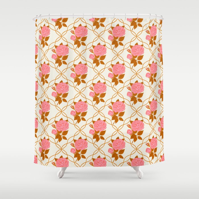 Vintage-Inspired Pink Rose Botanical Art Print Shower Curtain Gallery Image 1