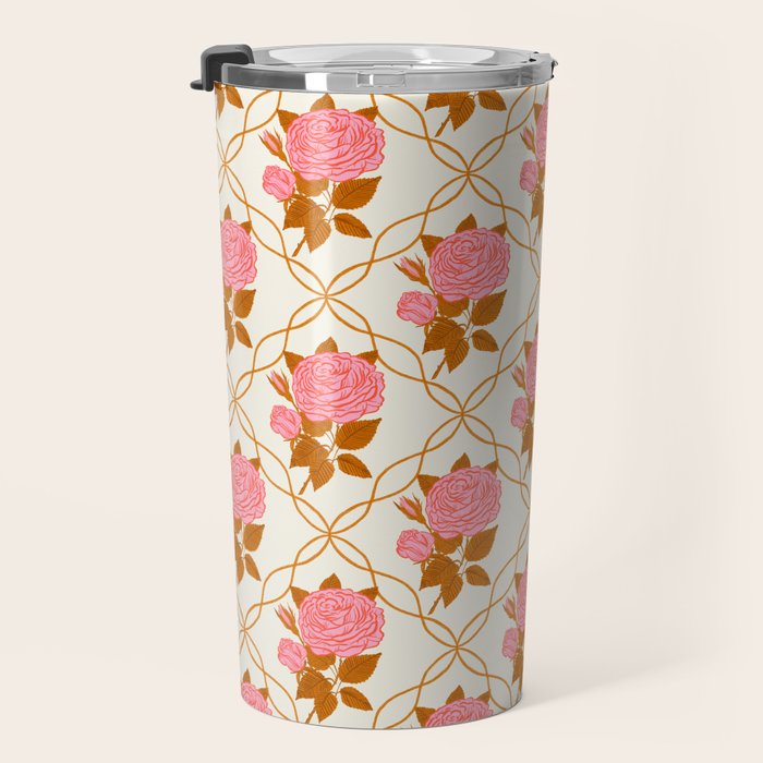 Vintage-Inspired Pink Rose Botanical Art Print Travel Mug Gallery Image 3