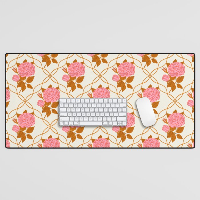 Vintage-Inspired Pink Rose Botanical Art Print Desk Mat Gallery Image 1