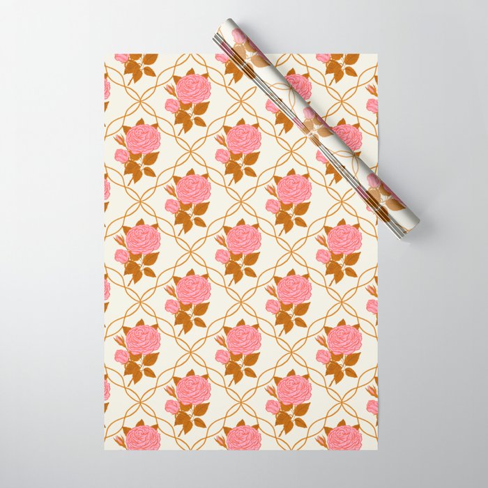 Vintage-Inspired Pink Rose Botanical Art Print Wrapping Paper Gallery Image 1