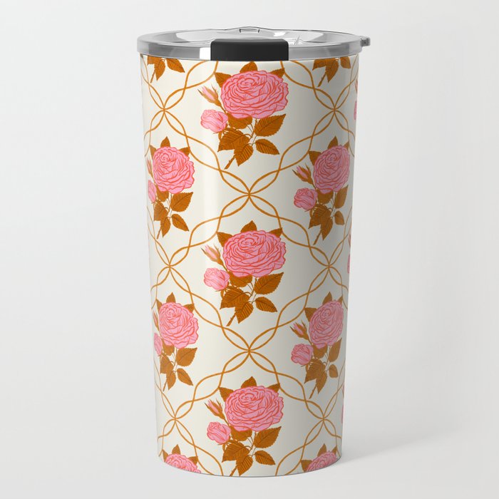 Vintage-Inspired Pink Rose Botanical Art Print Travel Mug Gallery Image 1