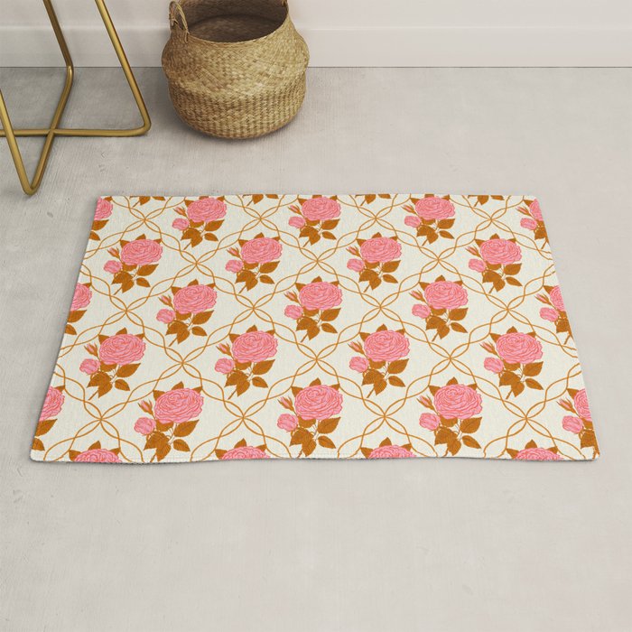 Vintage-Inspired Pink Rose Botanical Art Print Rug Gallery Image 1