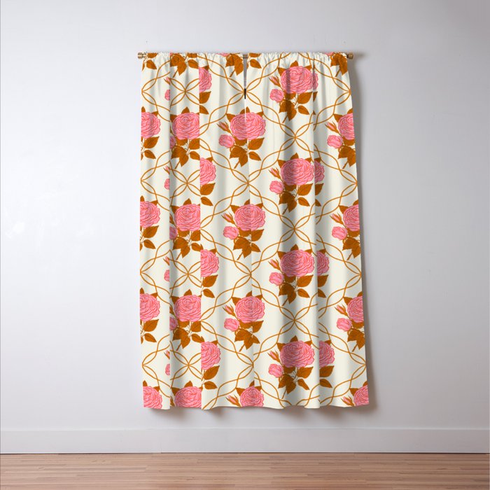 Vintage-Inspired Pink Rose Botanical Art Print Window Curtain Gallery Image 3