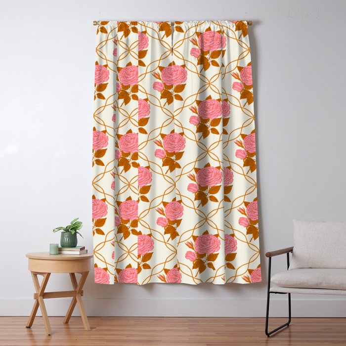 Vintage-Inspired Pink Rose Botanical Art Print Window Curtain Gallery Image 5