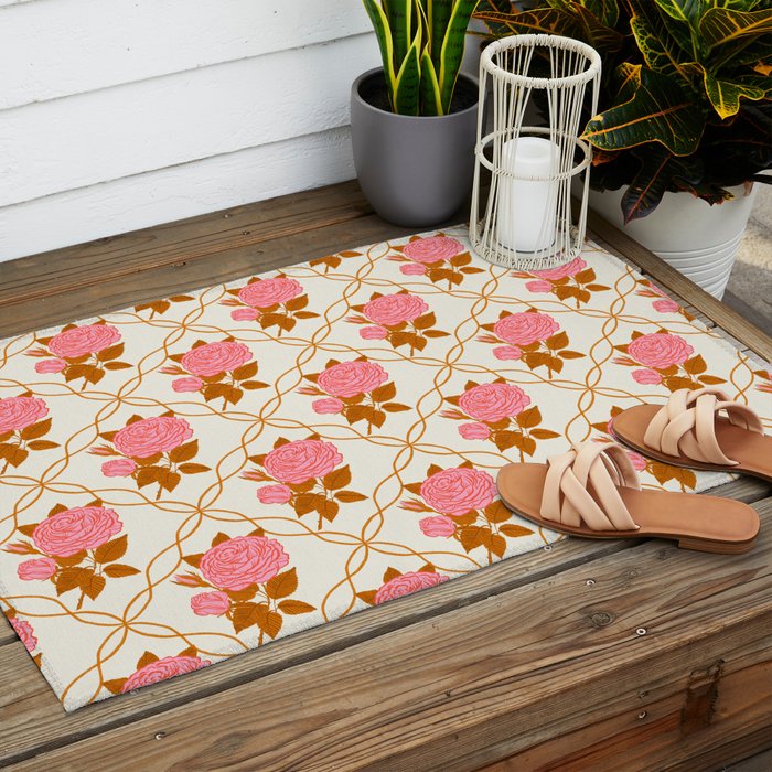 Vintage-Inspired Pink Rose Botanical Art Print Outdoor Rug Gallery Image 2