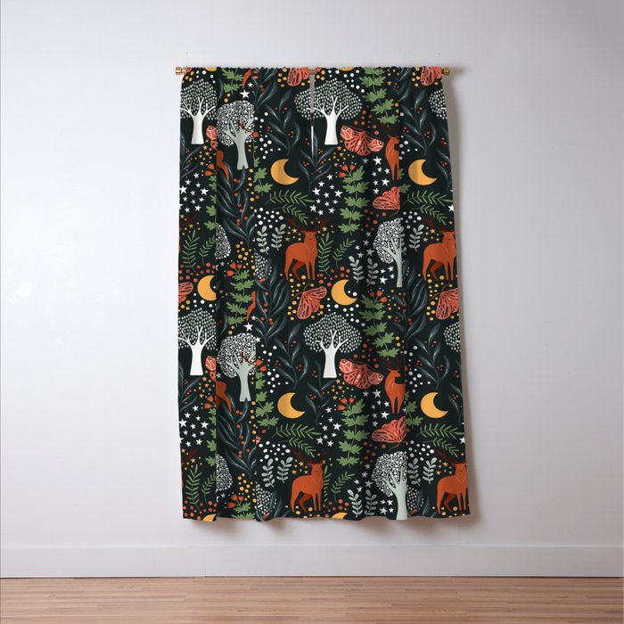 Full-Moon forest: Whimsical Woodland Nightscape with Deer and Moths Window Curtain Gallery Image 3