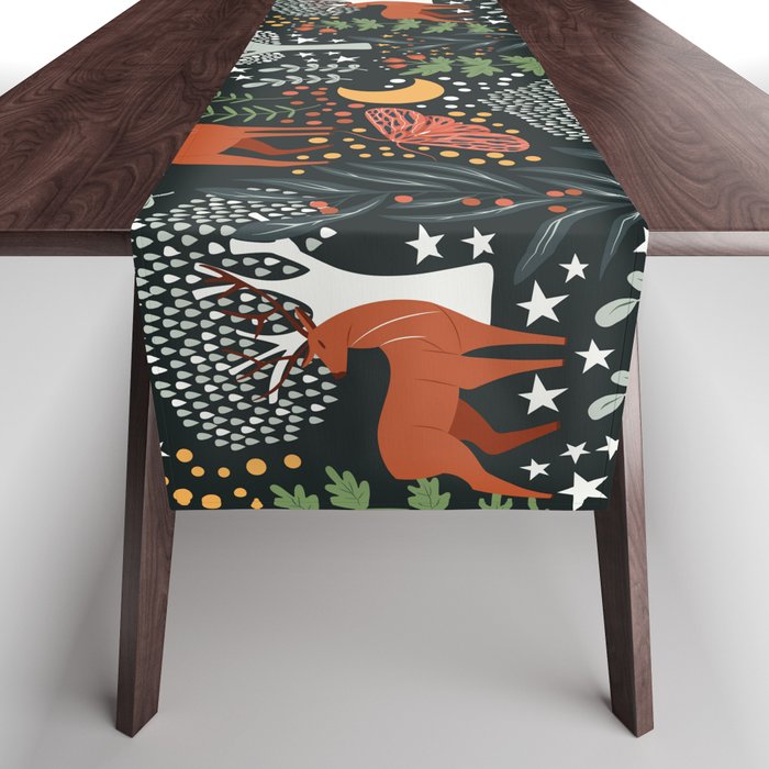 Full-Moon forest: Whimsical Woodland Nightscape with Deer and Moths Table Runner Gallery Image 1