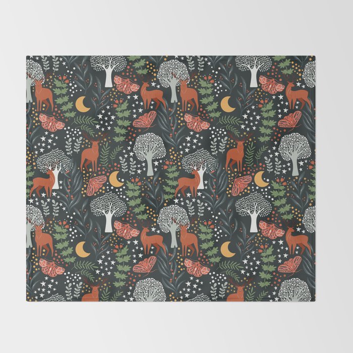 Full-Moon forest: Whimsical Woodland Nightscape with Deer and Moths Throw Blanket Gallery Image 2