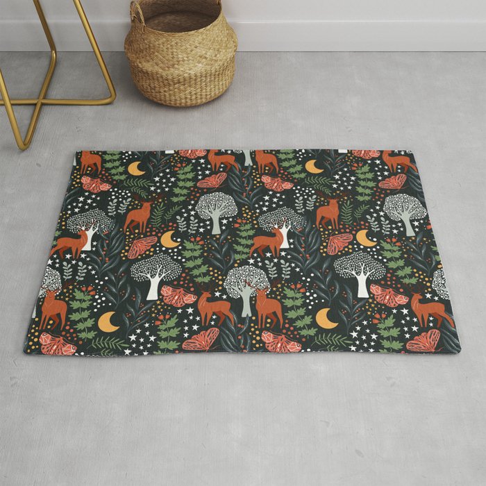 Full-Moon forest: Whimsical Woodland Nightscape with Deer and Moths Rug Gallery Image 1