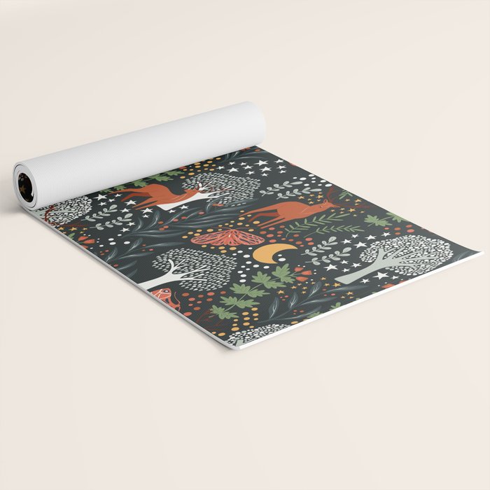Full-Moon forest: Whimsical Woodland Nightscape with Deer and Moths Yoga Mat Gallery Image 2