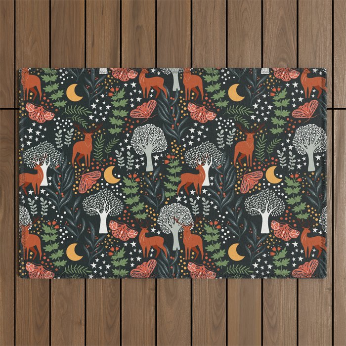 Full-Moon forest: Whimsical Woodland Nightscape with Deer and Moths Outdoor Rug Gallery Image 1