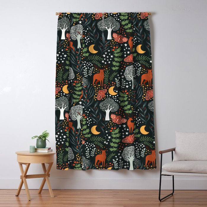Full-Moon forest: Whimsical Woodland Nightscape with Deer and Moths Window Curtain Gallery Image 1