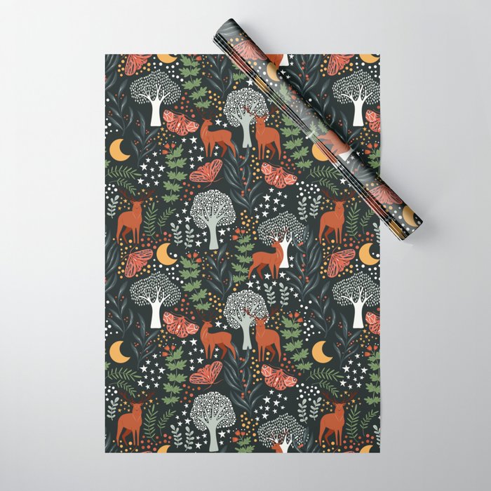 Full-Moon forest: Whimsical Woodland Nightscape with Deer and Moths Wrapping Paper Gallery Image 1