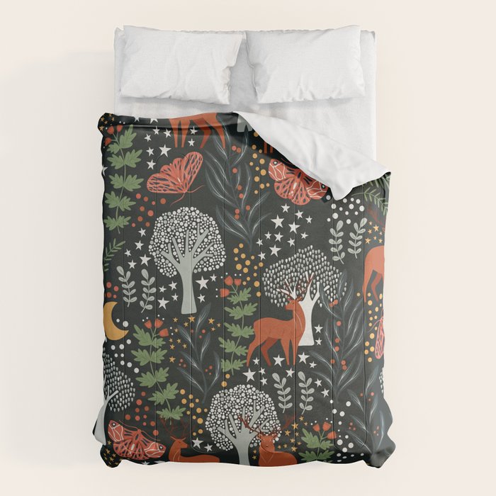 Full-Moon forest: Whimsical Woodland Nightscape with Deer and Moths Comforter Gallery Image 1