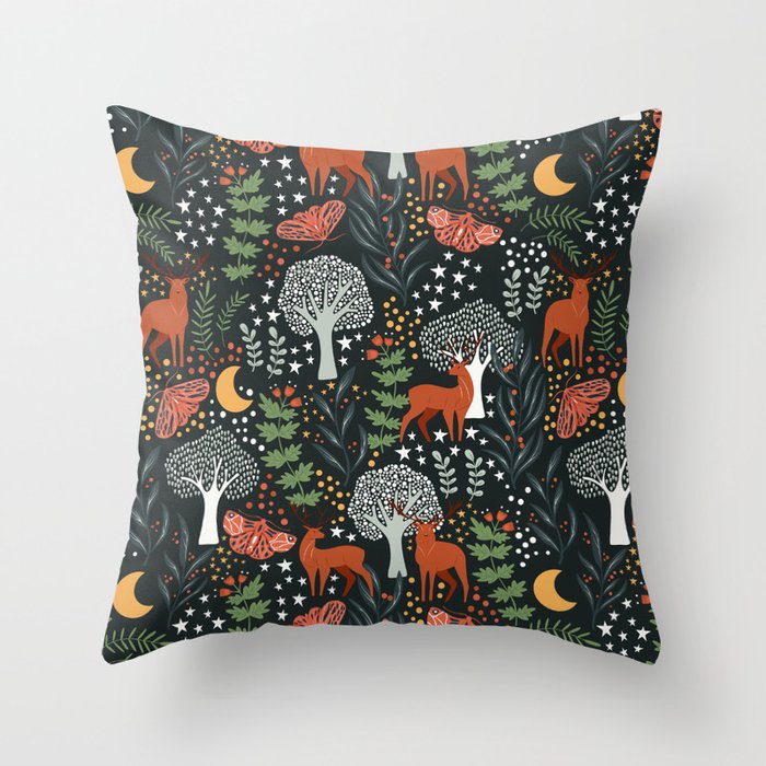 Full-Moon forest: Whimsical Woodland Nightscape with Deer and Moths Throw Pillow Gallery Image 1