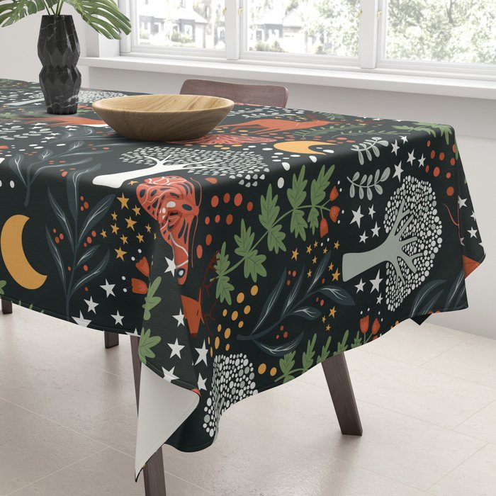 Full-Moon forest: Whimsical Woodland Nightscape with Deer and Moths Tablecloth Gallery Image 3