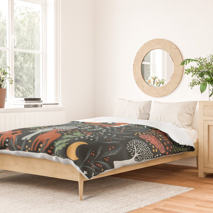 Full-Moon forest: Whimsical Woodland Nightscape with Deer and Moths Duvet Cover Gallery Image 2