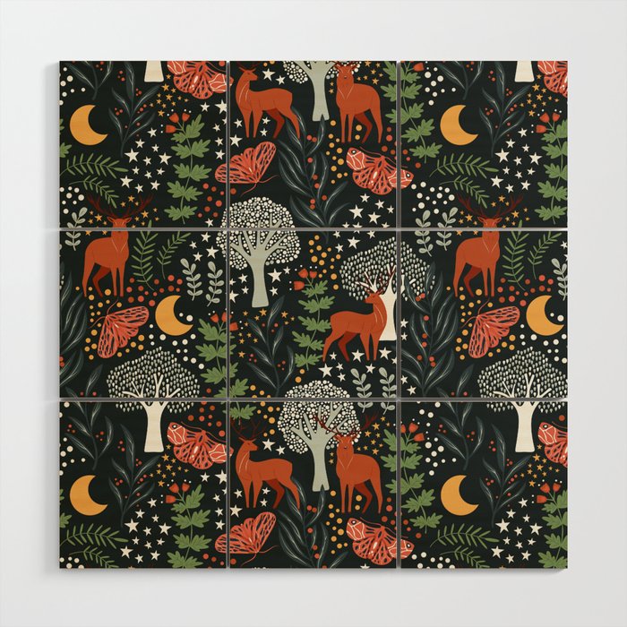 Full-Moon forest: Whimsical Woodland Nightscape with Deer and Moths Wood Wall Art Gallery Image 1