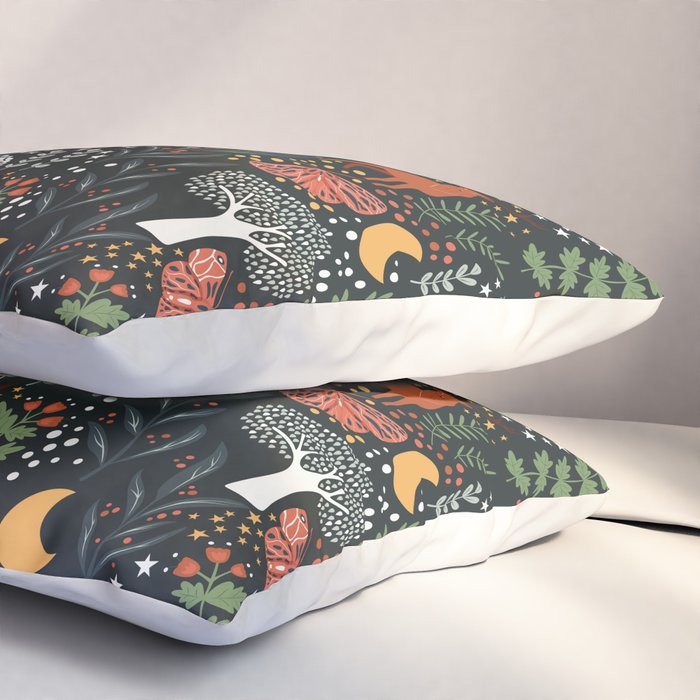 Full-Moon forest: Whimsical Woodland Nightscape with Deer and Moths Pillow Sham Gallery Image 3