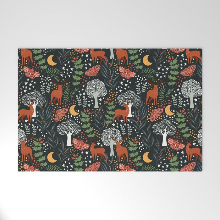 Full-Moon forest: Whimsical Woodland Nightscape with Deer and Moths Welcome Mat Gallery Image 1