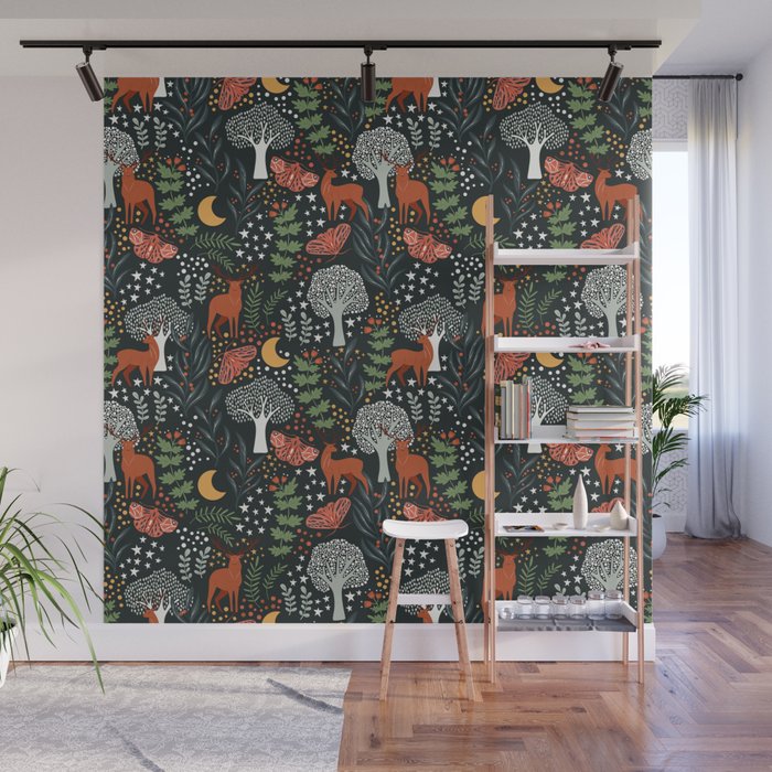 Full-Moon forest: Whimsical Woodland Nightscape with Deer and Moths Wall Mural Gallery Image 1