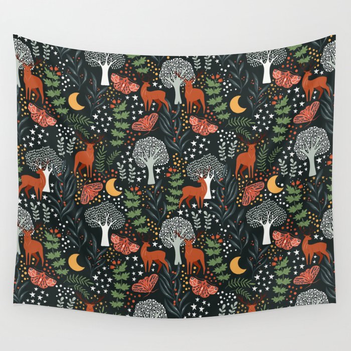 Full-Moon forest: Whimsical Woodland Nightscape with Deer and Moths Wall Tapestry Gallery Image 1