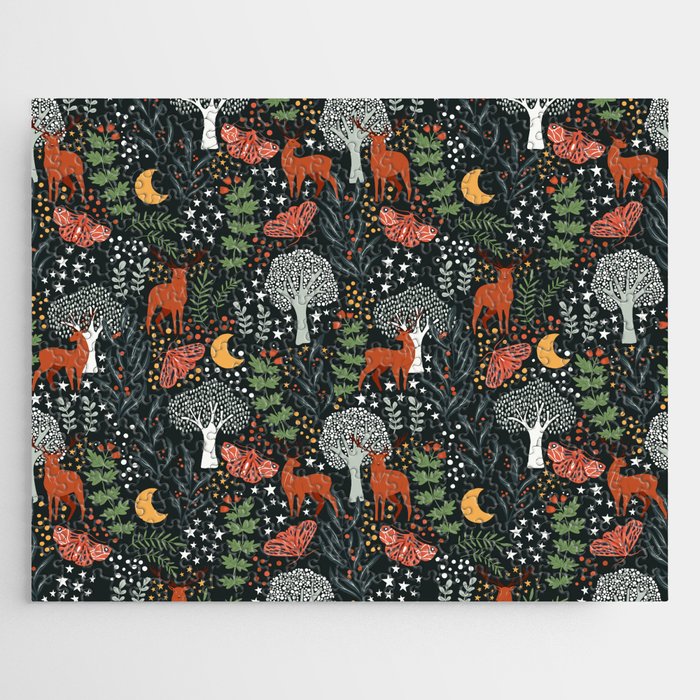 Full-Moon forest: Whimsical Woodland Nightscape with Deer and Moths Jigsaw Puzzle Gallery Image 1
