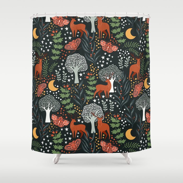 Full-Moon forest: Whimsical Woodland Nightscape with Deer and Moths Shower Curtain Gallery Image 1