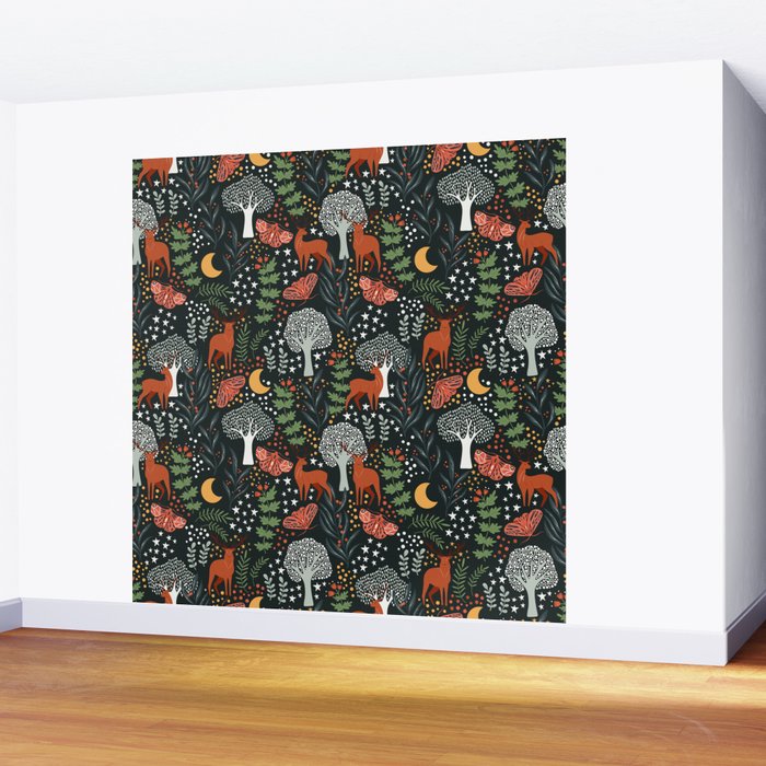Full-Moon forest: Whimsical Woodland Nightscape with Deer and Moths Wall Mural Gallery Image 2