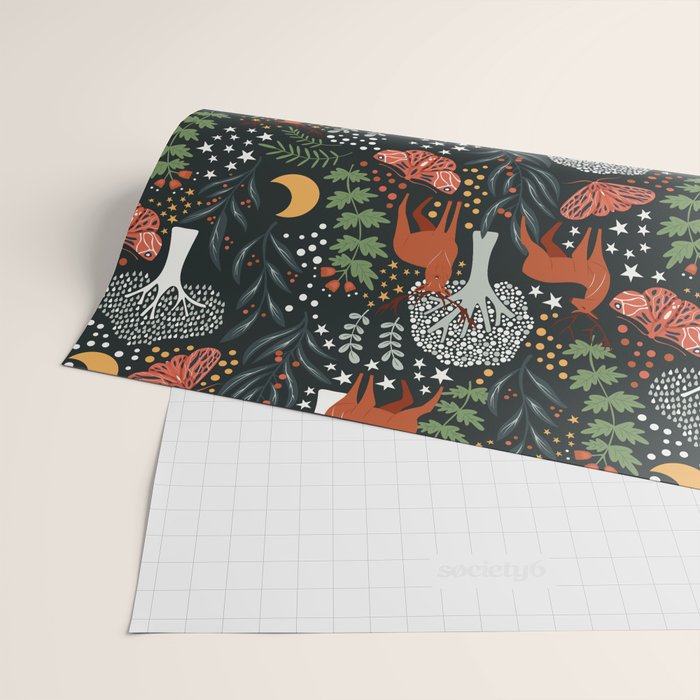 Full-Moon forest: Whimsical Woodland Nightscape with Deer and Moths Wrapping Paper Gallery Image 2