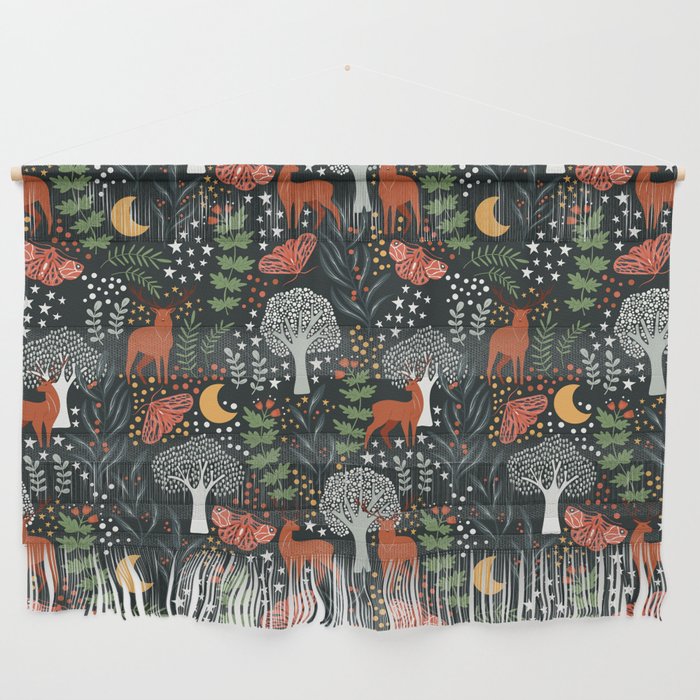 Full-Moon forest: Whimsical Woodland Nightscape with Deer and Moths Wall Hanging Gallery Image 1