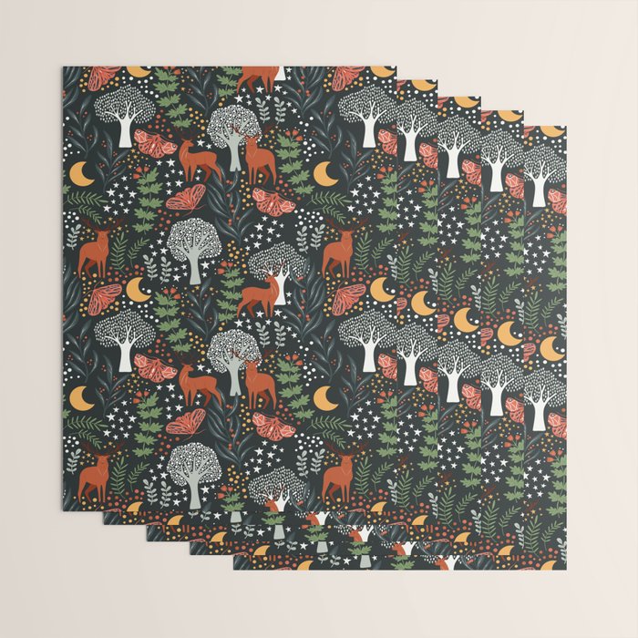 Full-Moon forest: Whimsical Woodland Nightscape with Deer and Moths Wrapping Paper Gallery Image 3