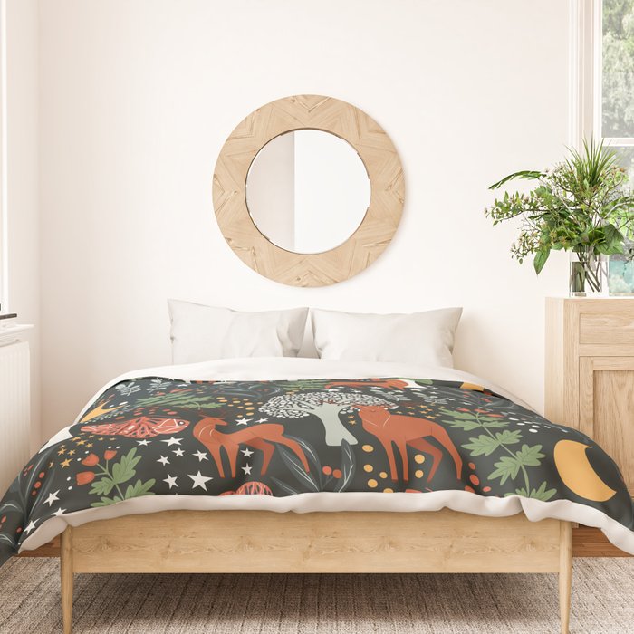 Full-Moon forest: Whimsical Woodland Nightscape with Deer and Moths Duvet Cover Gallery Image 3