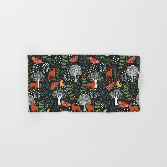 Full-Moon forest: Whimsical Woodland Nightscape with Deer and Moths Bath Towel Gallery Image 1