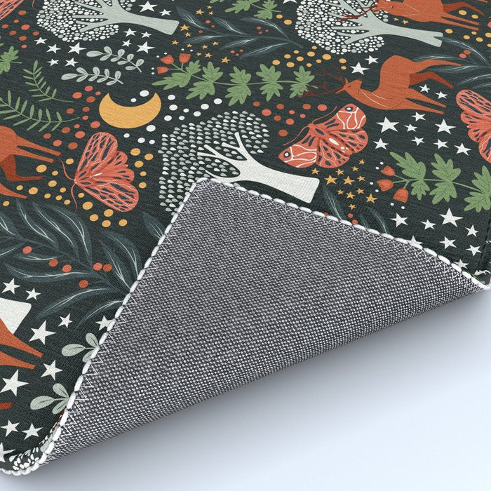 Full-Moon forest: Whimsical Woodland Nightscape with Deer and Moths Rug Gallery Image 4