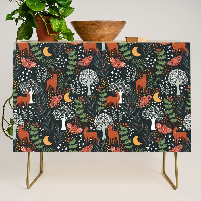 Full-Moon forest: Whimsical Woodland Nightscape with Deer and Moths Credenza Gallery Image 1