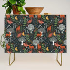 Full-Moon forest: Whimsical Woodland Nightscape with Deer and Moths Credenza Gallery Image 1