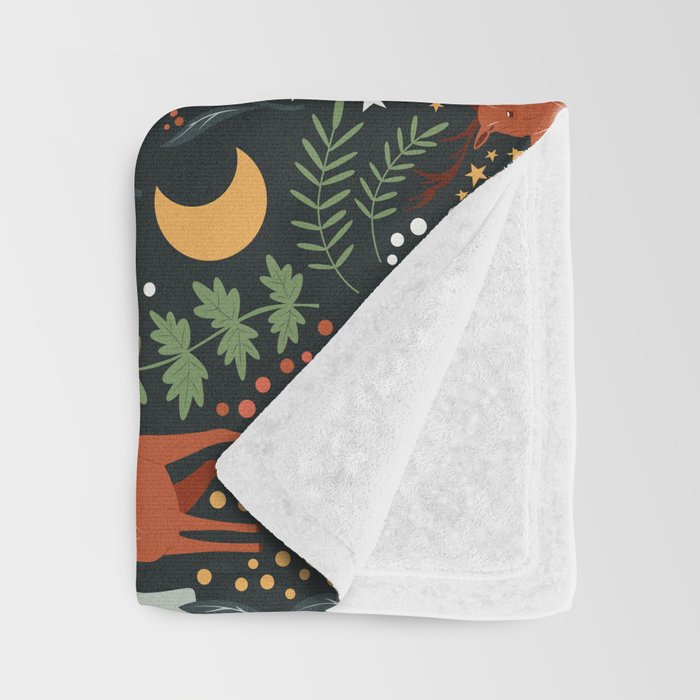 Full-Moon forest: Whimsical Woodland Nightscape with Deer and Moths Throw Blanket Gallery Image 3