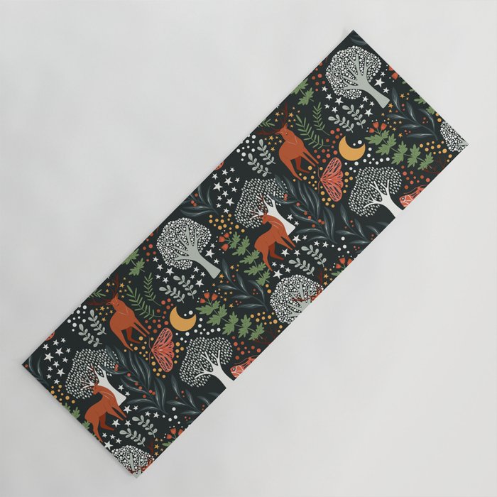 Full-Moon forest: Whimsical Woodland Nightscape with Deer and Moths Yoga Mat