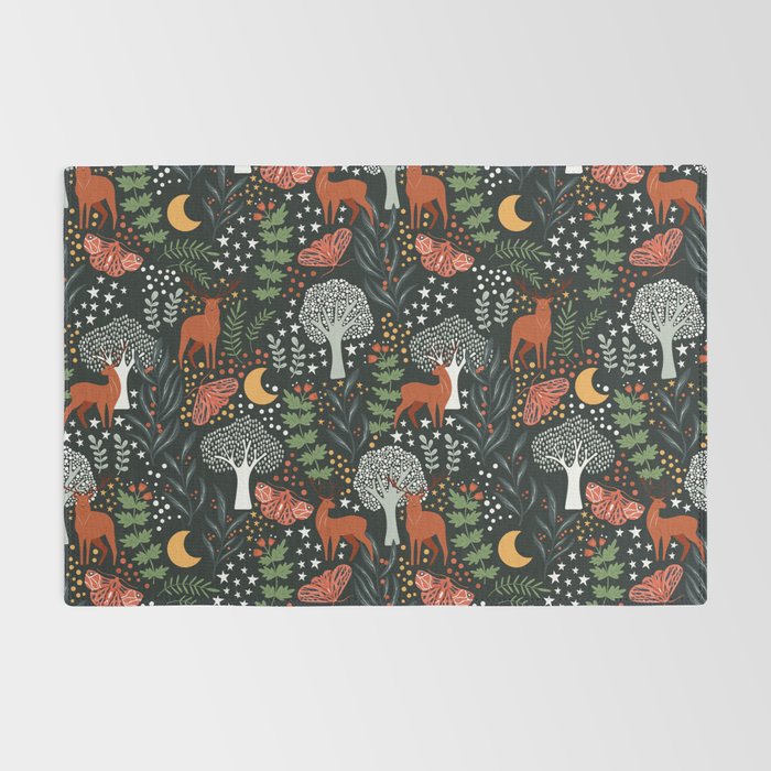 Full-Moon forest: Whimsical Woodland Nightscape with Deer and Moths Rug Gallery Image 2