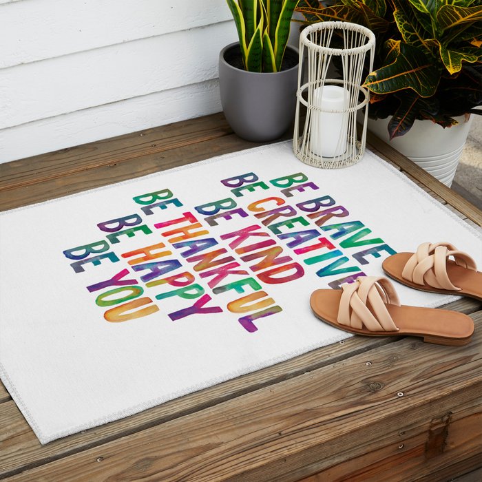 BE BRAVE BE CREATIVE BE KIND BE THANKFUL BE HAPPY BE YOU rainbow watercolor Outdoor Rug Gallery Image 2