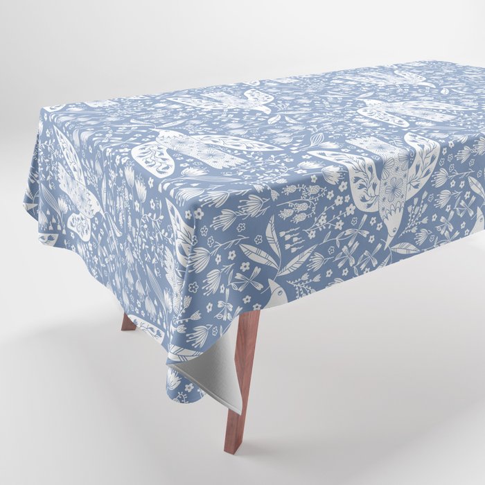 Doves and Flowers Bird Art White on Blue Tablecloth Gallery Image 1