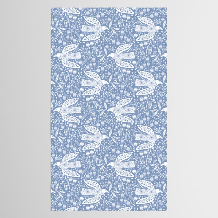 Doves and Flowers Bird Art White on Blue Tablecloth Gallery Image 2