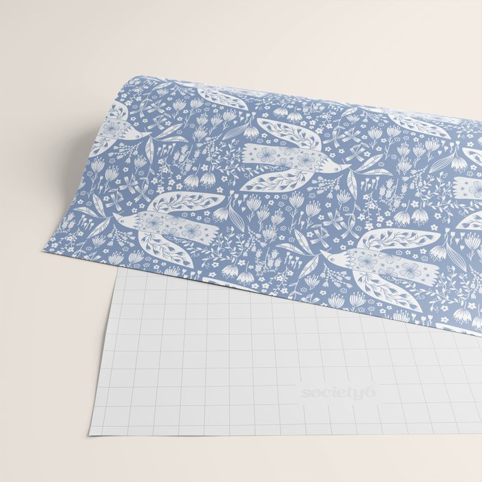 Doves and Flowers Bird Art White on Blue Wrapping Paper Gallery Image 2
