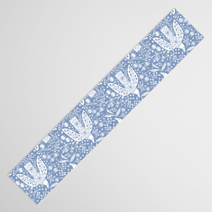 Doves and Flowers Bird Art White on Blue Table Runner Gallery Image 3