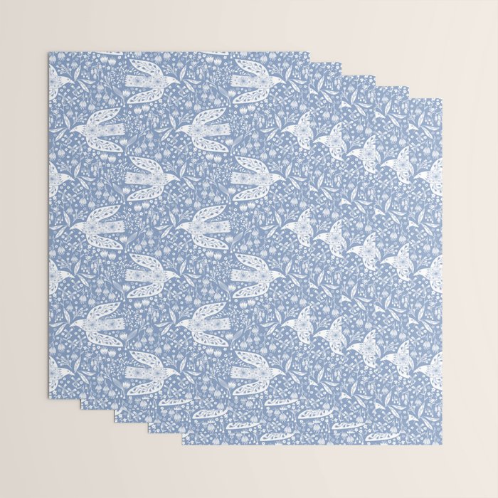 Doves and Flowers Bird Art White on Blue Wrapping Paper Gallery Image 3