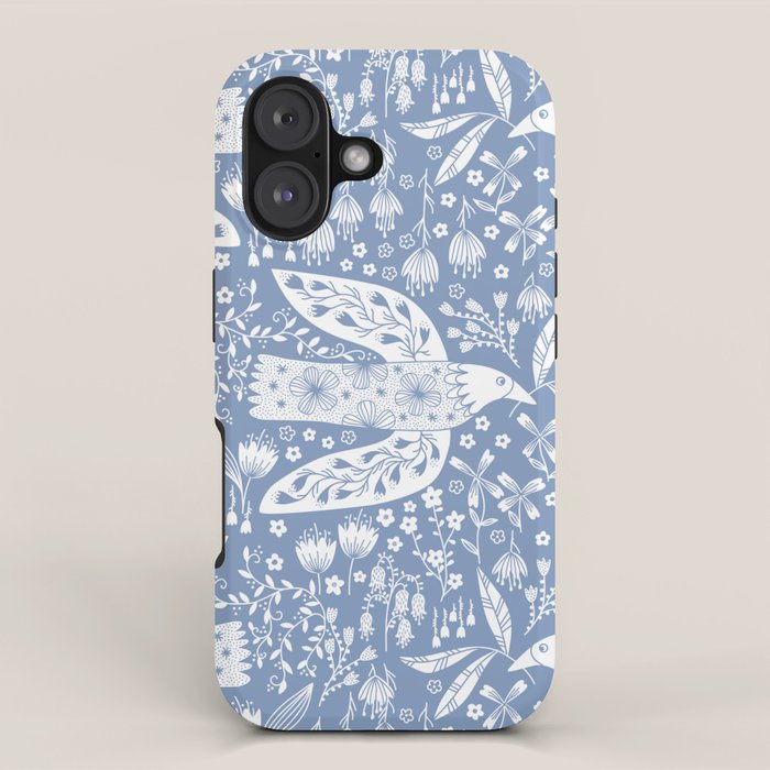 Doves and Flowers Bird Art White on Blue iPhone Case Gallery Image 1