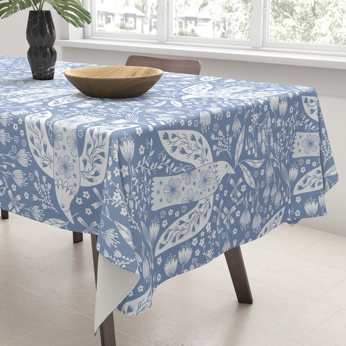 Doves and Flowers Bird Art White on Blue Tablecloth Gallery Image 3