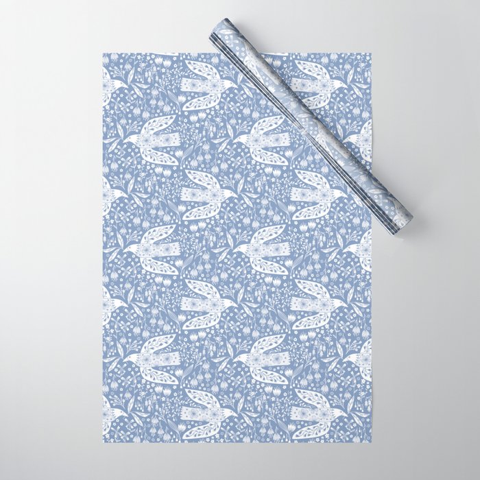 Doves and Flowers Bird Art White on Blue Wrapping Paper Gallery Image 1